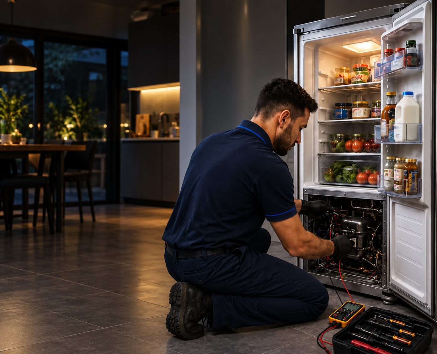 Material de divulgação da MG Refrigeração com técnico realizando manutenção em geladeira